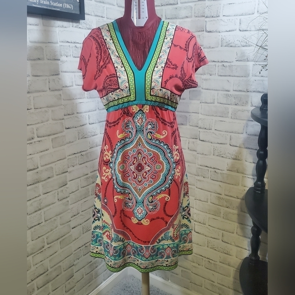 Style & Co V-Neck Short Sleeve Boho Dress Size PS. Teal, Orange, Yellow, Green